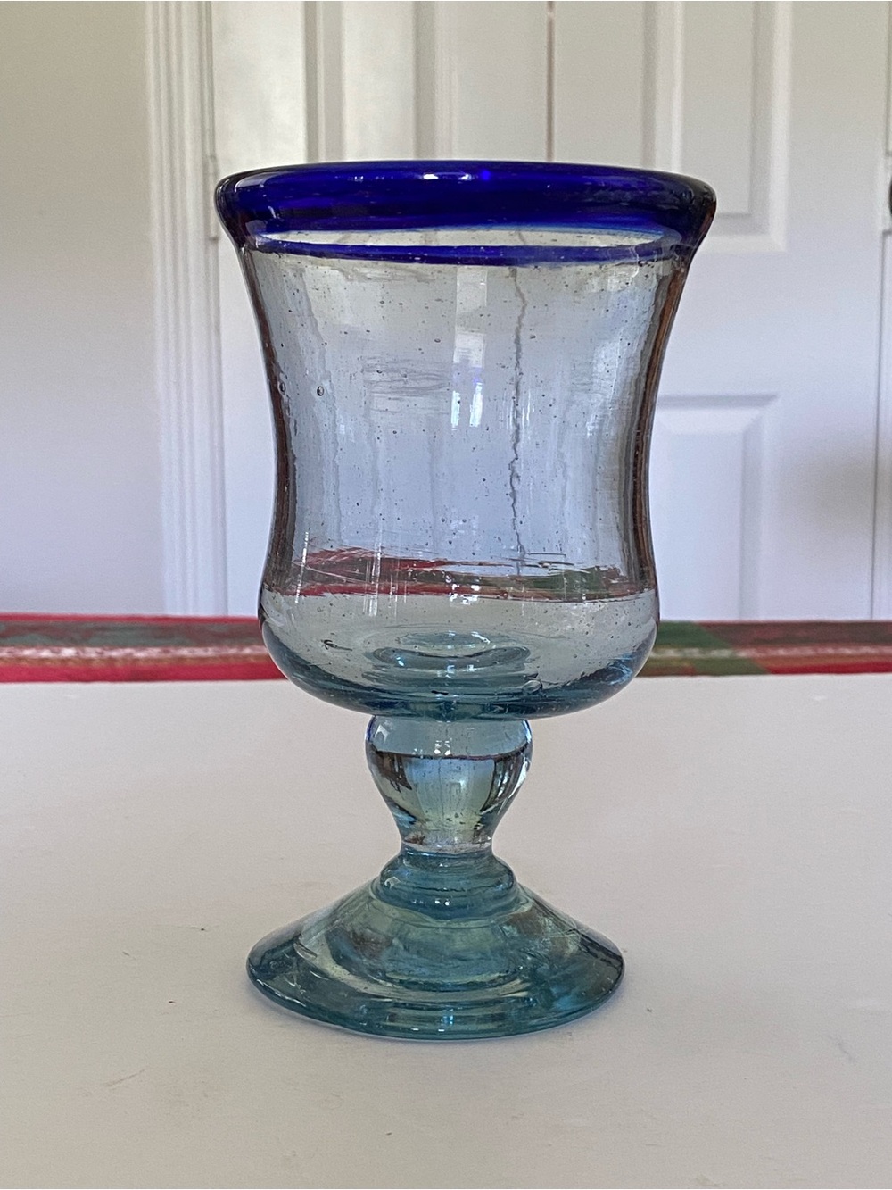 Vintage Cobalt Blue Rimmed Clear Pedestal Goblet Mexican Hand Blown Glass Pontil